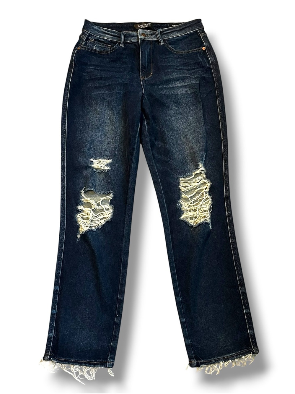 Judy Blue Jeans Size 7/28 Straight Fit Distressed Knees High Rise Stretch Denim